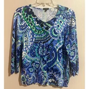 Talbots Blue Paisley Print Cotton‎ Blend 3/4 Sleeve Cardigan Petite Size XL